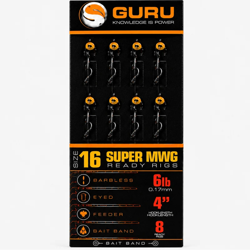 Super MWG Bait Band Ready Barbless Rigs 4" & 15" – 10 en 38 cm Onderlijnen met Bait Band en zonder Weerhaak