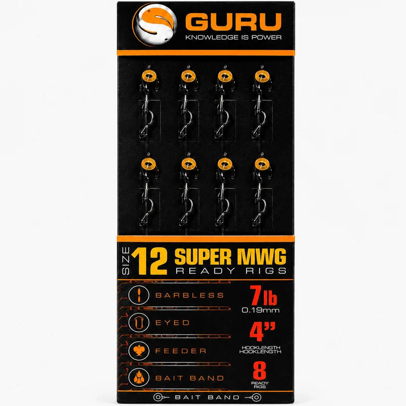 Super MWG Bait Band Ready Barbless Rigs 4" & 15" – 10 en 38 cm Onderlijnen met Bait Band en zonder Weerhaak