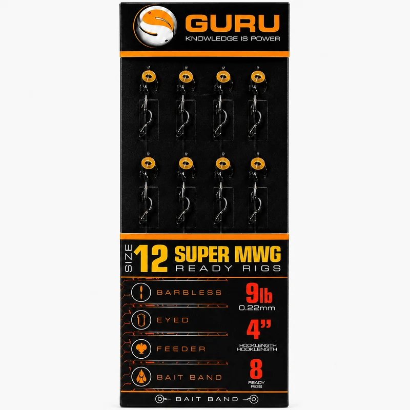 Super MWG Bait Band Ready Barbless Rigs 4" & 15" – 10 en 38 cm Onderlijnen met Bait Band en zonder Weerhaak