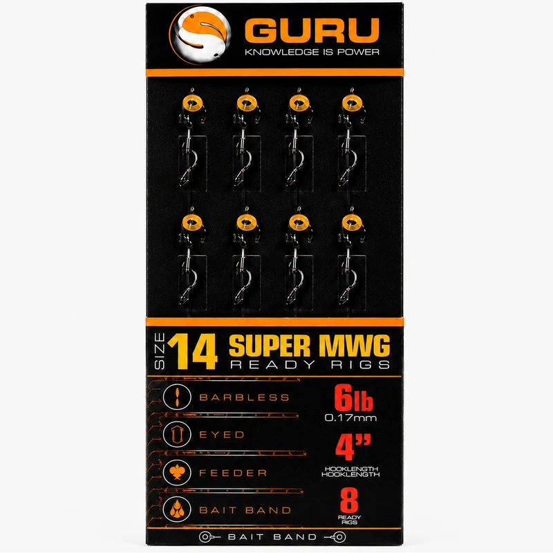 Super MWG Bait Band Ready Barbless Rigs 4" & 15" – 10 en 38 cm Onderlijnen met Bait Band en zonder Weerhaak
