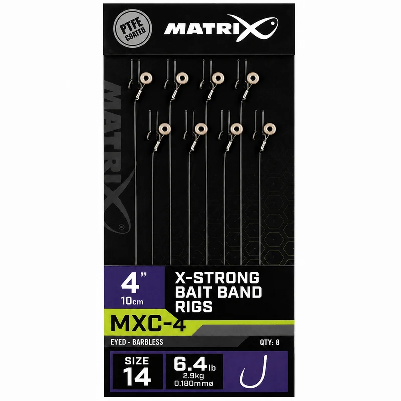 MXC-4 X-Strong Bait Band Rigs Eyed Barbless 4" – 10 cm Onderlijnen met Bait Band en zonder Weerhaak