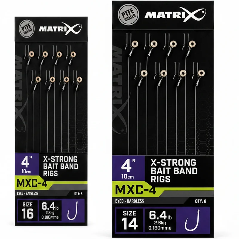 MXC-4 X-Strong Bait Band Rigs Eyed Barbless 4" – 10 cm Onderlijnen met Bait Band en zonder Weerhaak