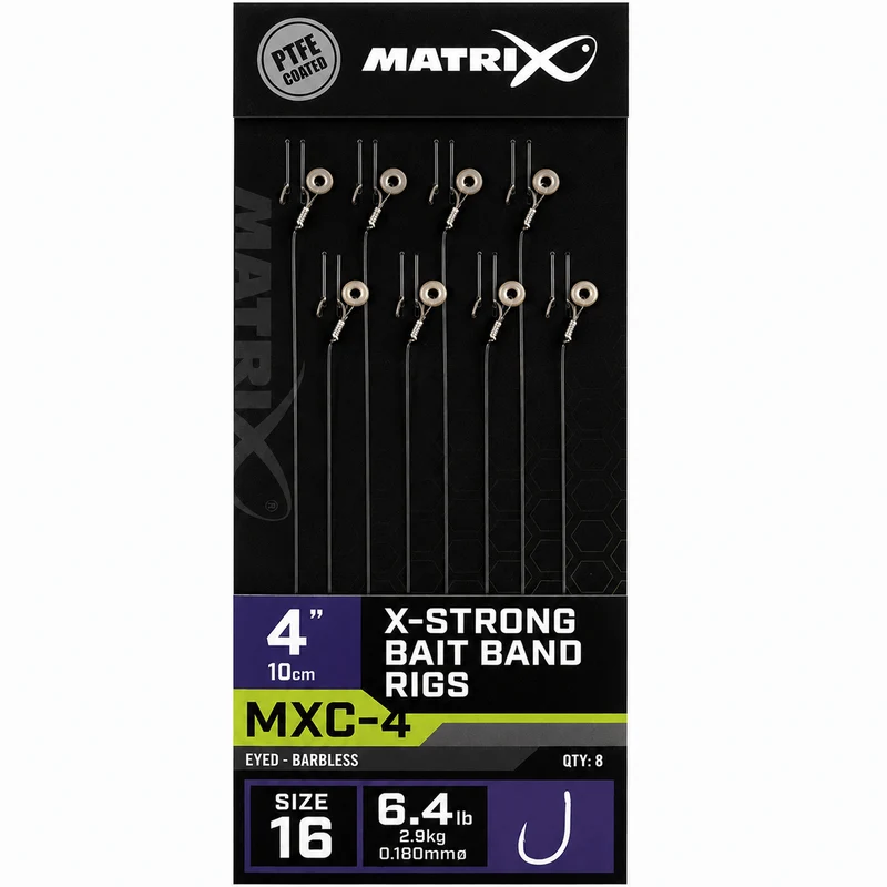 MXC-4 X-Strong Bait Band Rigs Eyed Barbless 4" – 10 cm Onderlijnen met Bait Band en zonder Weerhaak