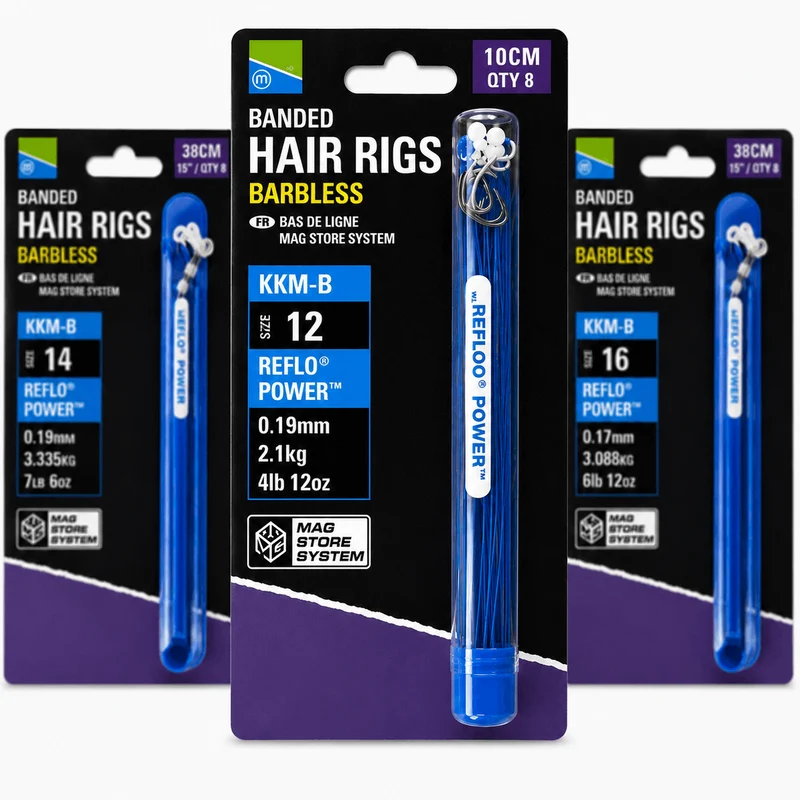 KKM-B Banded Hair Rigs Barbless 10cm & 38cm – 10 en 38 cm Onderlijnen met Bait Band en zonder Weerhaak