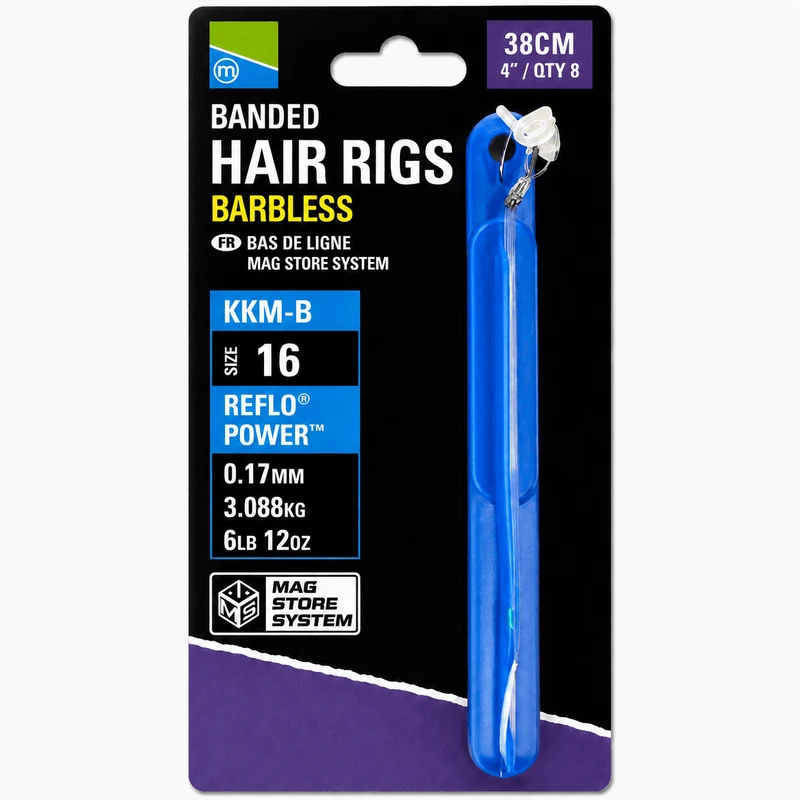 KKM-B Banded Hair Rigs Barbless 10cm & 38cm – 10 en 38 cm Onderlijnen met Bait Band en zonder Weerhaak