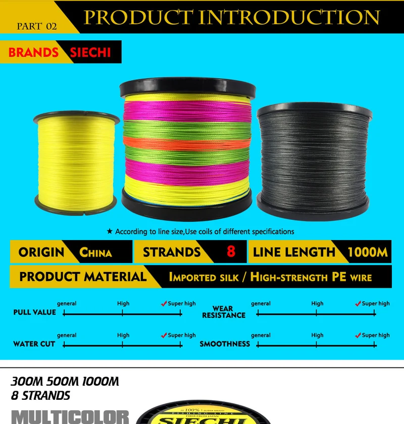SIECHI 8 Strands 1000M 500M 300M PE Braided Fishing Line tresse peche