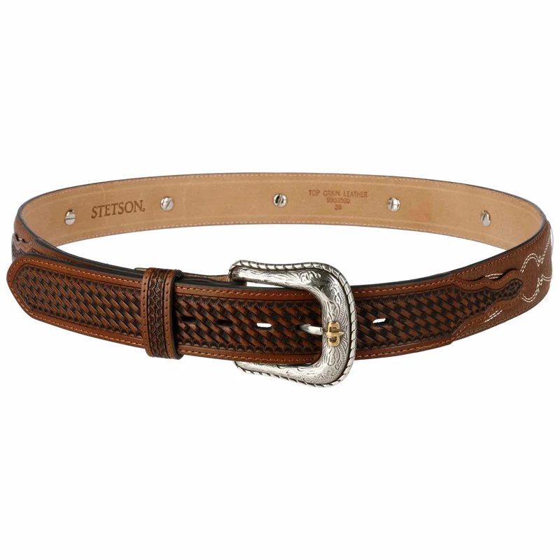 CEINTURE CUIR STETSON Pebble Leather Basket Weave - BROWN