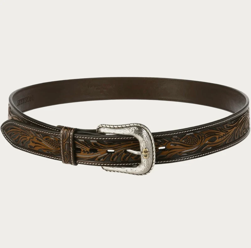 CEINTURE CUIR STETSON Tooled Leather Belt - DARK BROWN